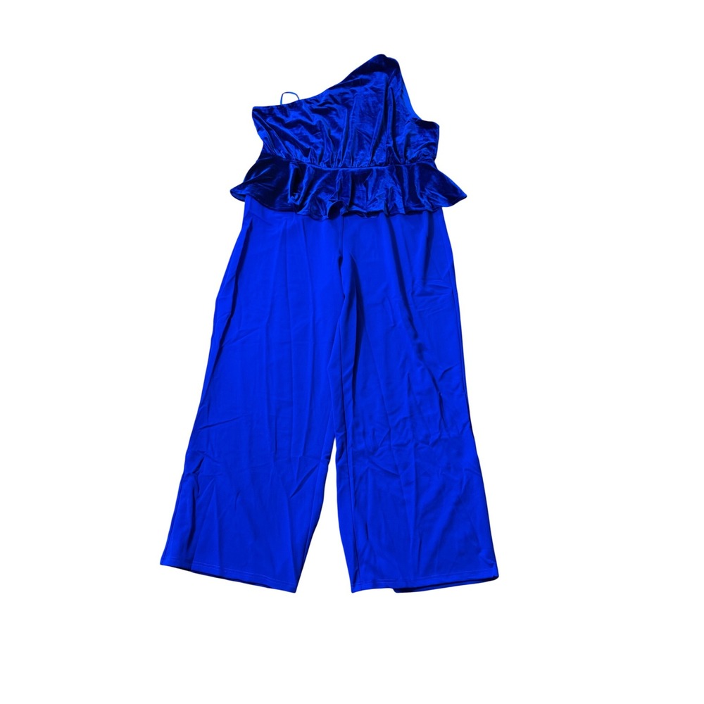 NY&C Womens Jumpsuit 2Xโ Royal Blue Velvet Top One Shoulder Wide Leg Party